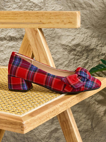 Women's Autumn/Winter Deep Red Plaid Fabric Round Toe Chunky Heeled