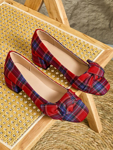 Women's Autumn/Winter Deep Red Plaid Fabric Round Toe Chunky Heeled