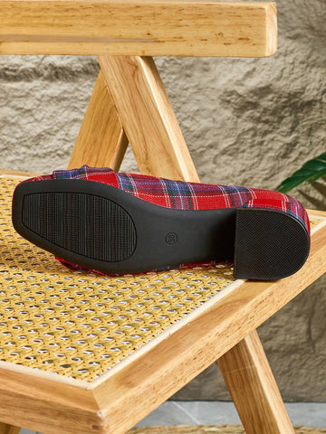 Women's Autumn/Winter Deep Red Plaid Fabric Round Toe Chunky Heeled