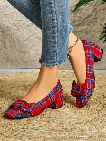 Women's Autumn/Winter Deep Red Plaid Fabric Round Toe Chunky Heeled