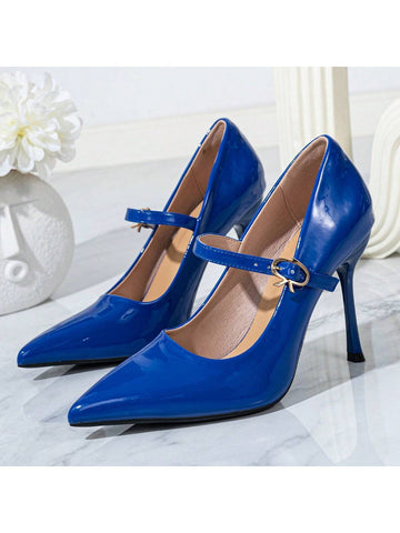 Women's Autumn/Winter Fashion Navy Blue Patent Leather Pointed Toe Shallow Mouth Mary Jane Shoes With Metal Buckle Decor