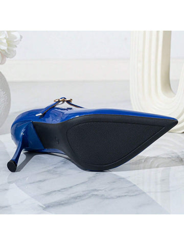 Women's Autumn/Winter Fashion Navy Blue Patent Leather Pointed Toe Shallow Mouth Mary Jane Shoes With Metal Buckle Decor