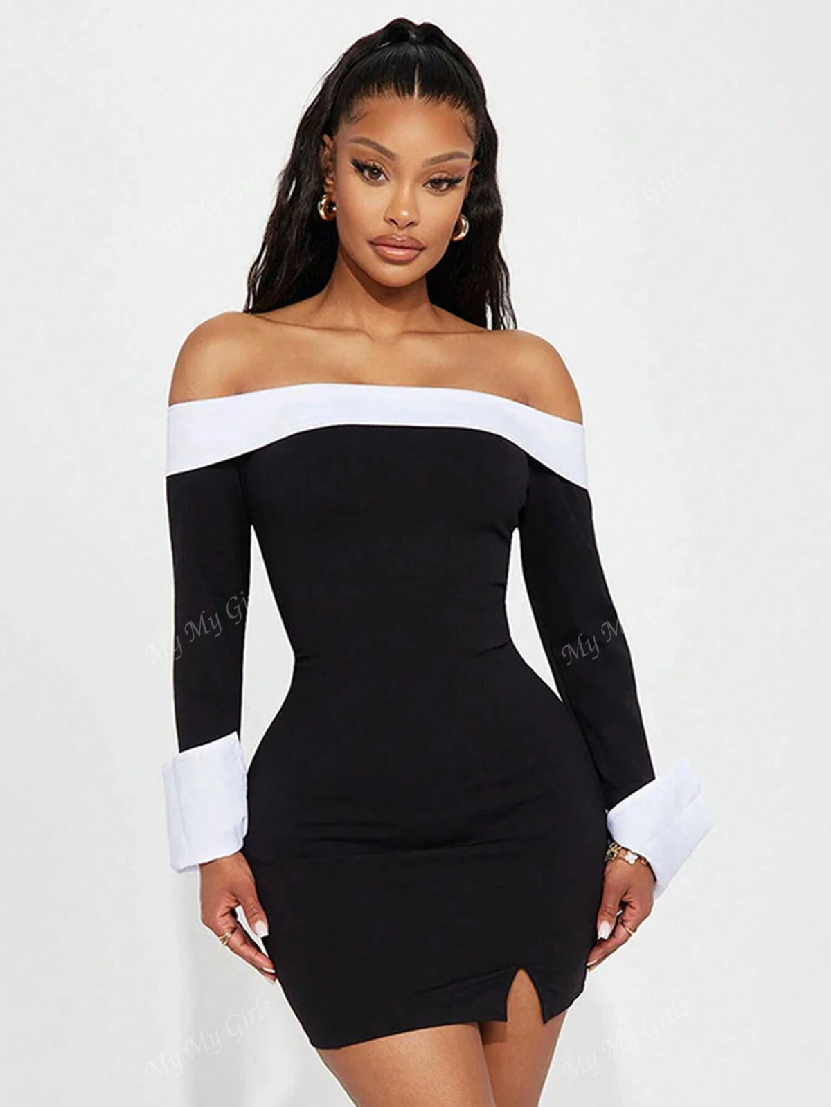 Women's Autumn/Winter New Contrast Color Sexy Off-Shoulder Long Sleeve Fitted Bodycon Dress