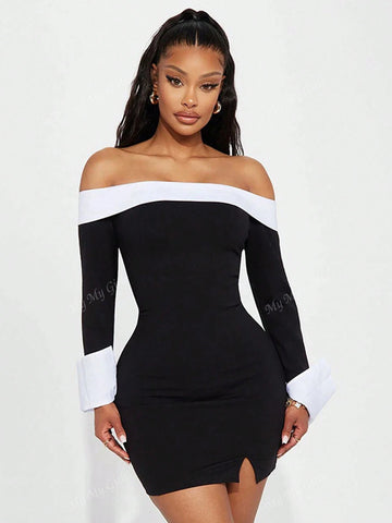 Women's Autumn/Winter New Contrast Color Sexy Off-Shoulder Long Sleeve Fitted Bodycon Dress