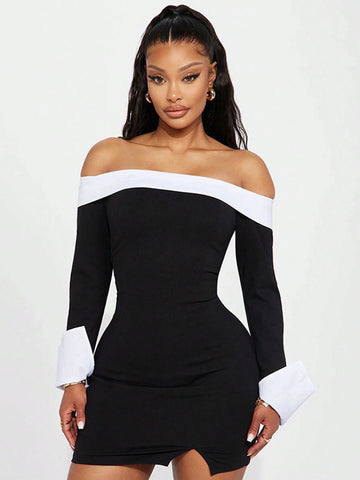 Women's Autumn/Winter New Contrast Color Sexy Off-Shoulder Long Sleeve Fitted Bodycon Dress