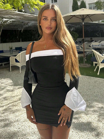 Women's Autumn/Winter New Contrast Color Sexy Off-Shoulder Long Sleeve Fitted Bodycon Dress