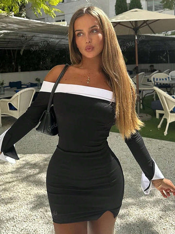 Women's Autumn/Winter New Contrast Color Sexy Off-Shoulder Long Sleeve Fitted Bodycon Dress