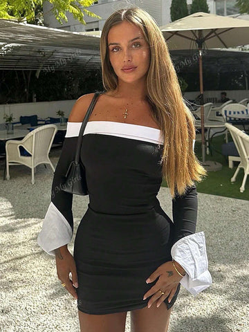 Women's Autumn/Winter New Contrast Color Sexy Off-Shoulder Long Sleeve Fitted Bodycon Dress