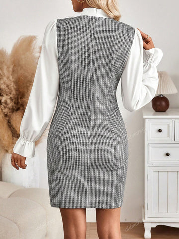 Women's Autumn And Winter Black And White Long-Sleeved Dress, Knotted Neckline, Small Fragrant Material, Fashionable Lady, Daily Commute