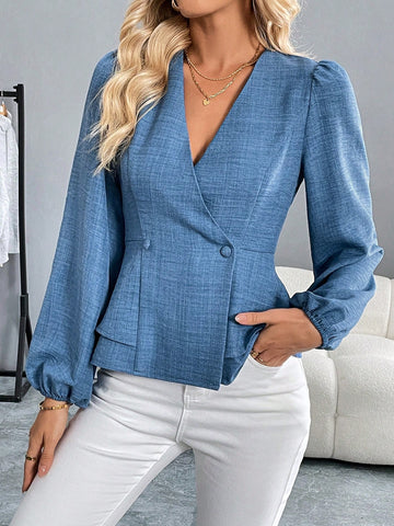 Women's Autumn And Winter Blue Shirt With Long Sleeves And Lotus Leaves For Get Off Work