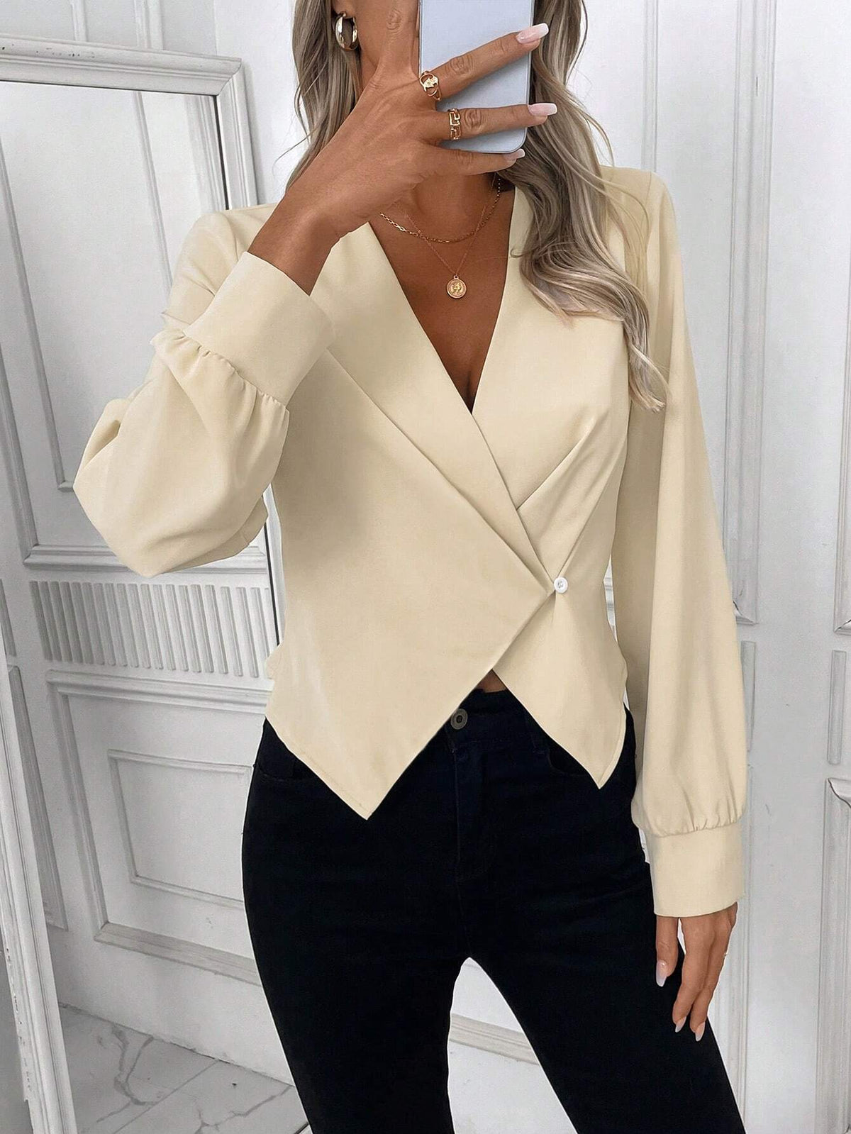 Autumn And Winter Elegant Long-Sleeved Apricot Blouses With Cross V-Neck