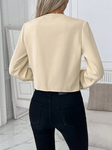 Autumn And Winter Elegant Long-Sleeved Apricot Blouses With Cross V-Neck
