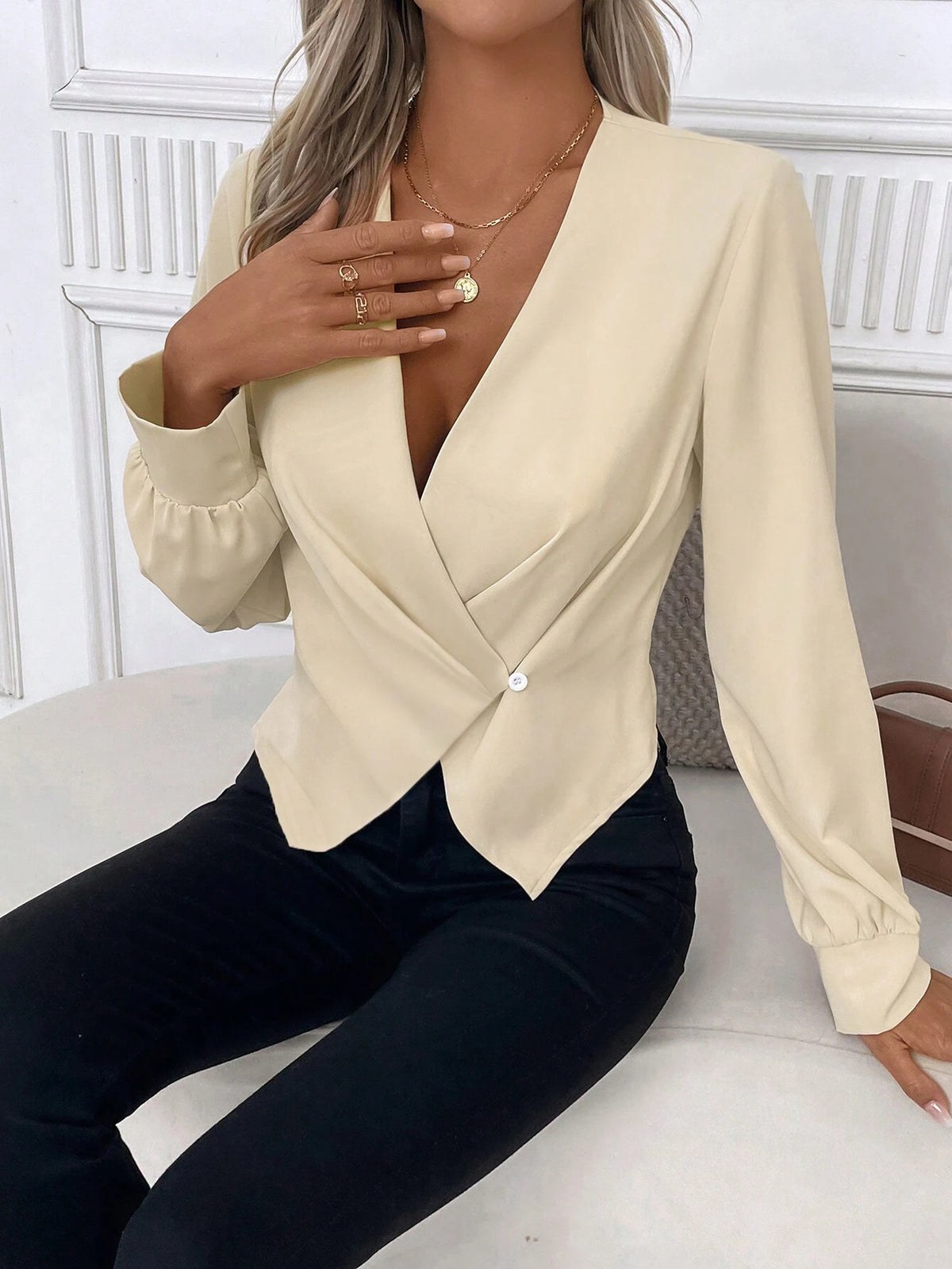 Autumn And Winter Elegant Long-Sleeved Apricot Blouses With Cross V-Neck,