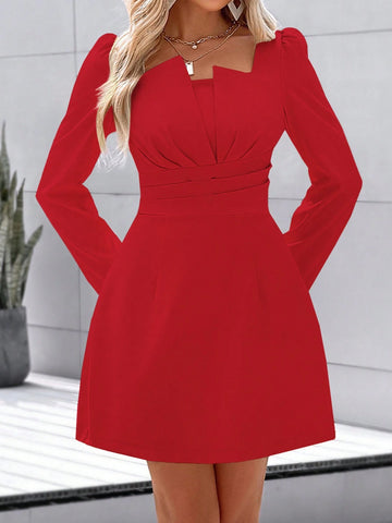 Women's Autumn And Winter Long-Sleeved Apricot Short Dress, With Designed Chest And Slim X-Shaped Silhouette, Suitable For Daily Life, Dates And Parties