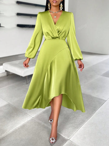 Women's Autumn And Winter, Satin Satin Green Dress With Long Sleeves, V-Neck And Irregular Hem, Suitable For Daily Wear, Dates, Parties And Drinks, And Commuting To Work