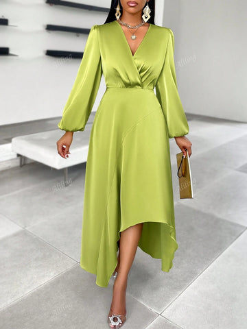 Women's Autumn And Winter, Satin Satin Green Dress With Long Sleeves, V-Neck And Irregular Hem, Suitable For Daily Wear, Dates, Parties And Drinks, And Commuting To Work