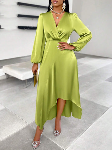 Women's Autumn And Winter, Satin Satin Green Dress With Long Sleeves, V-Neck And Irregular Hem, Suitable For Daily Wear, Dates, Parties And Drinks, And Commuting To Work