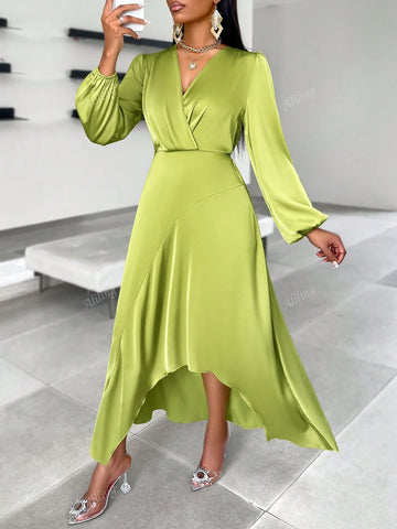 Women's Autumn And Winter, Satin Satin Green Dress With Long Sleeves, V-Neck And Irregular Hem, Suitable For Daily Wear, Dates, Parties And Drinks, And Commuting To Work