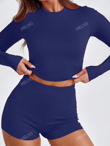 Women's Autumn And Winter Simple Casual Solid Color Long Sleeve Crew Neck T-Shirt And Solid Color Skinny Shorts 2-Piece Set