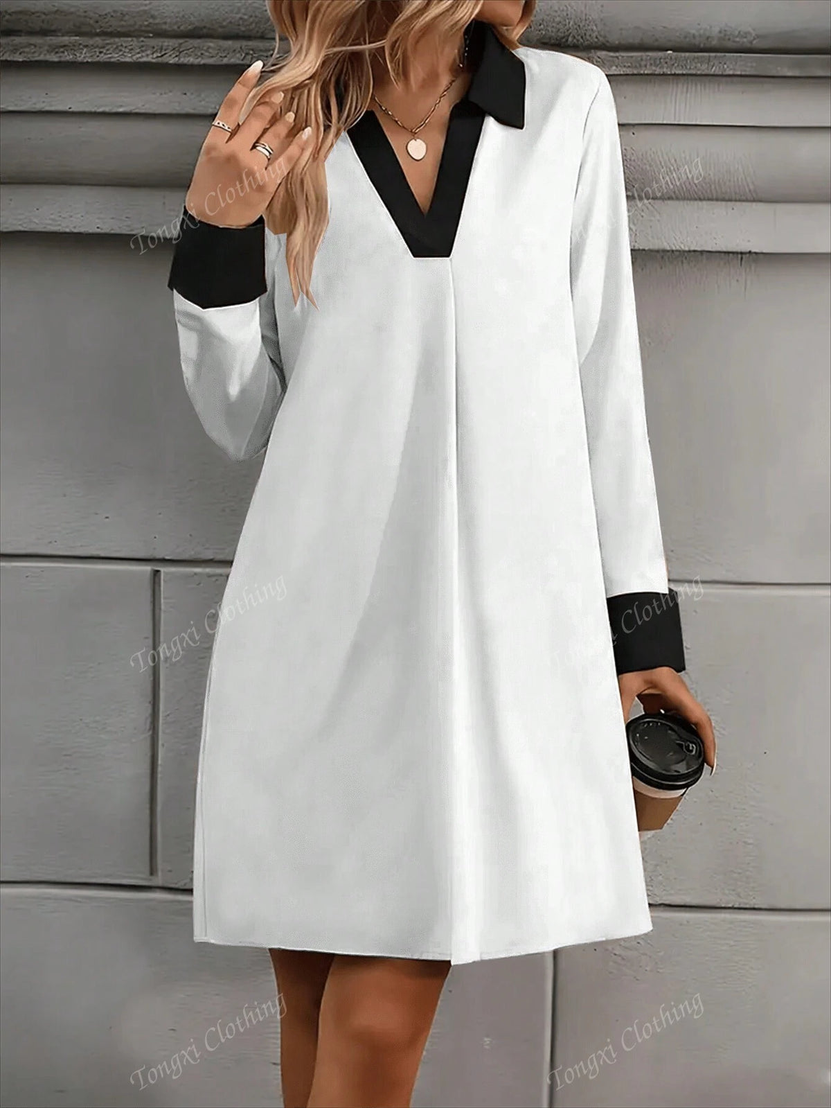 Women's Autumn Color Block Stand Collar Long Sleeve Loose Straight Mini Casual Dress