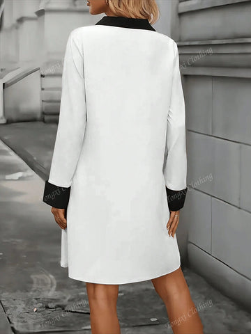 Women's Autumn Color Block Stand Collar Long Sleeve Loose Straight Mini Casual Dress