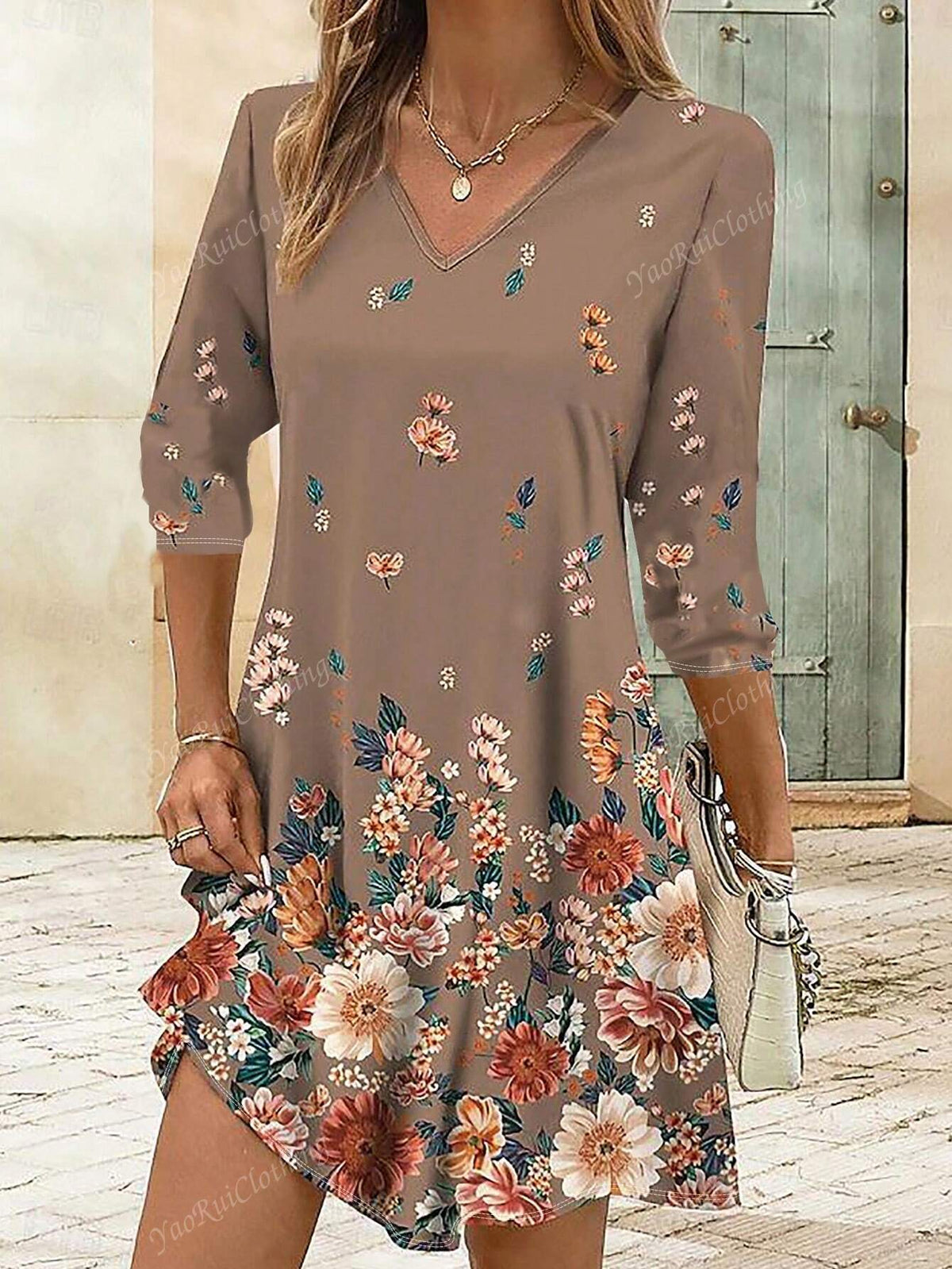 Women's Autumn Ditsy Floral V-Neck 3/4 Sleeve Casual Dress, Khaki, Elegant Mother Style