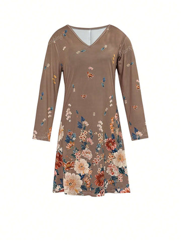 Women's Autumn Ditsy Floral V-Neck 3/4 Sleeve Casual Dress, Khaki, Elegant Mother Style