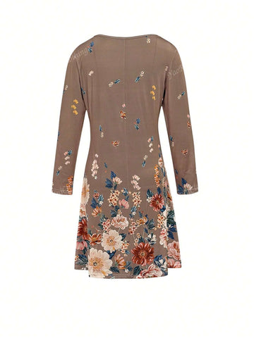 Women's Autumn Ditsy Floral V-Neck 3/4 Sleeve Casual Dress, Khaki, Elegant Mother Style