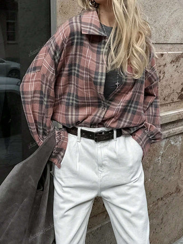 Women's Autumn Dropped Shoulder Long Sleeve Plaid Button Down Casual Shirt