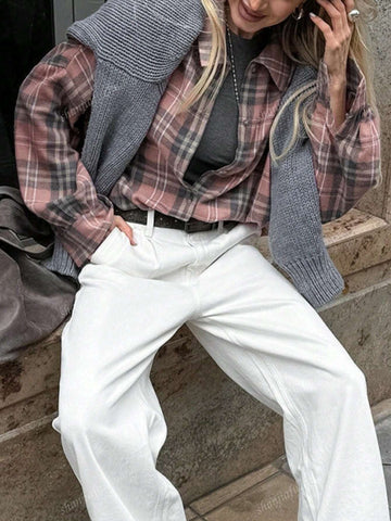 Women's Autumn Dropped Shoulder Long Sleeve Plaid Button Down Casual Shirt