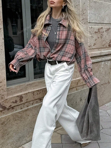 Women's Autumn Dropped Shoulder Long Sleeve Plaid Button Down Casual Shirt