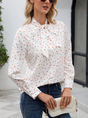 Women's Autumn Heart Print Tie Collar Long Sleeve Elegant Shirt