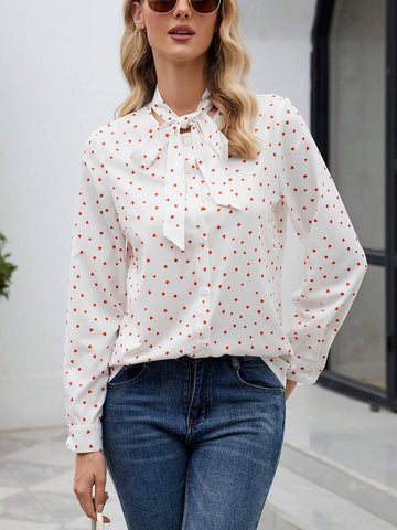 Women's Autumn Heart Print Tie Collar Long Sleeve Elegant Shirt