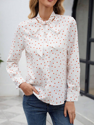 Women's Autumn Heart Print Tie Collar Long Sleeve Elegant Shirt