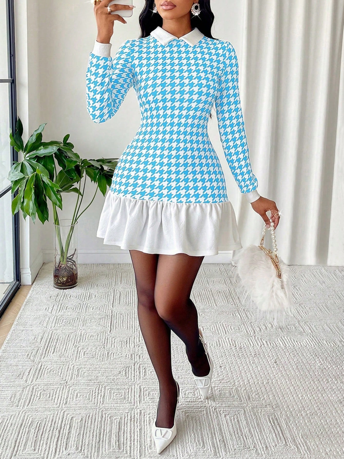 Women's Autumn Houndstooth Print Contrast Collar Long Sleeve Ruffle Hem Dress (Random Print)