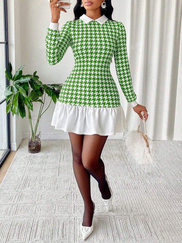 Women's Autumn Houndstooth Print Contrast Collar Long Sleeve Ruffle Hem Dress (Random Print)