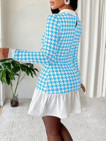 Women's Autumn Houndstooth Print Contrast Collar Long Sleeve Ruffle Hem Dress (Random Print)