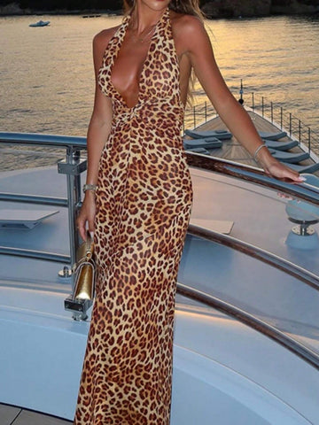 Women's Autumn Leopard Print Halter Backless Sexy Sleeveless Party Dress