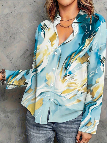 Women's Autumn Long Sleeve Marble Random Print Fashion Shirt