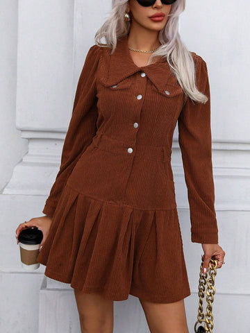 Women's Autumn Long Sleeve Pleated Hem Button Half Placket Corduroy Mini Dress, Elegant