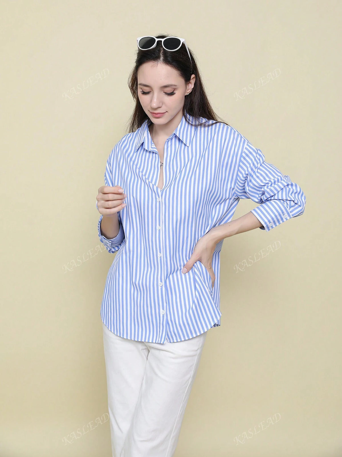 Women's Autumn Oversized Drop Shoulder Long Sleeve Striped Collar Shirt