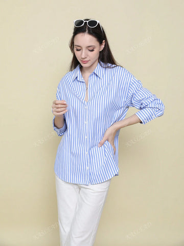 Women's Autumn Oversized Drop Shoulder Long Sleeve Striped Collar Shirt