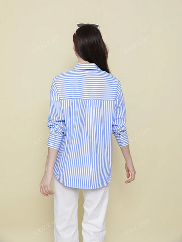 Women's Autumn Oversized Drop Shoulder Long Sleeve Striped Collar Shirt