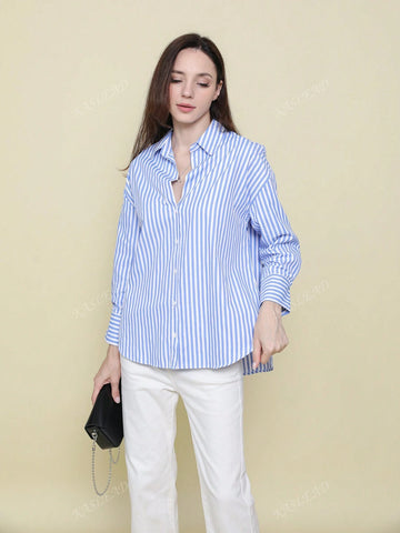 Women's Autumn Oversized Drop Shoulder Long Sleeve Striped Collar Shirt