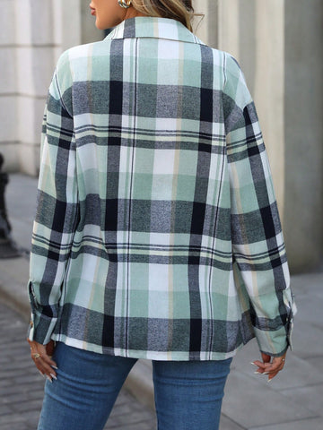 Women's Autumn Plaid Long Sleeve Single-Breasted Pocket Casual Loose Blouse