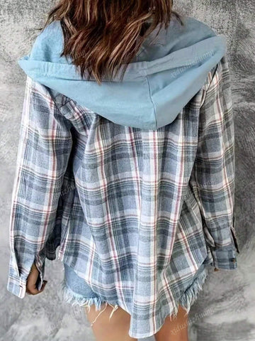 Women's Autumn Plaid Long Sleeve Single-Breasted Pocket Hooded Casual Shirt