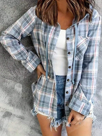 Women's Autumn Plaid Long Sleeve Single-Breasted Pocket Hooded Casual Shirt