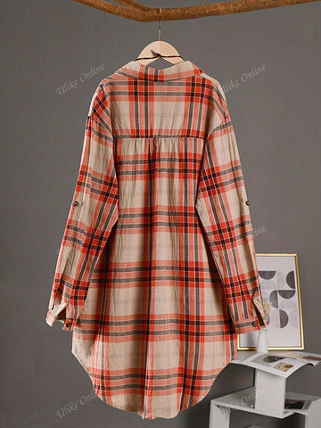 Women's Autumn Retro Plaid Pocket Roll-Up Sleeve Casual Mid-Length Shirt