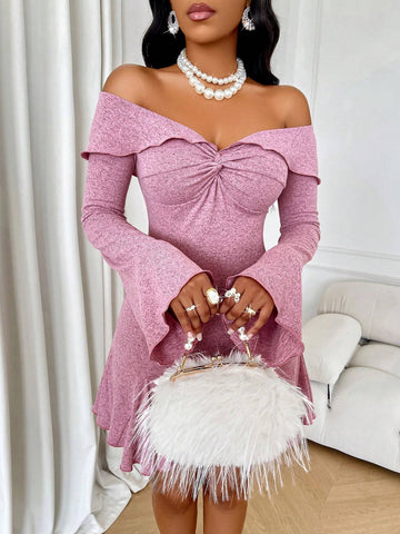 Women's Autumn Sexy Pink Colour Twist Front Off Shoulder Bell Sleeves A-Line Dress For Simple Everyday