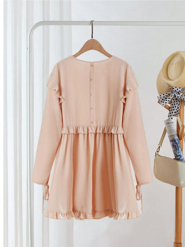 Women's Autumn Solid Color Crew Neck Long Sleeve Ruffle Hem Cute Short Dress